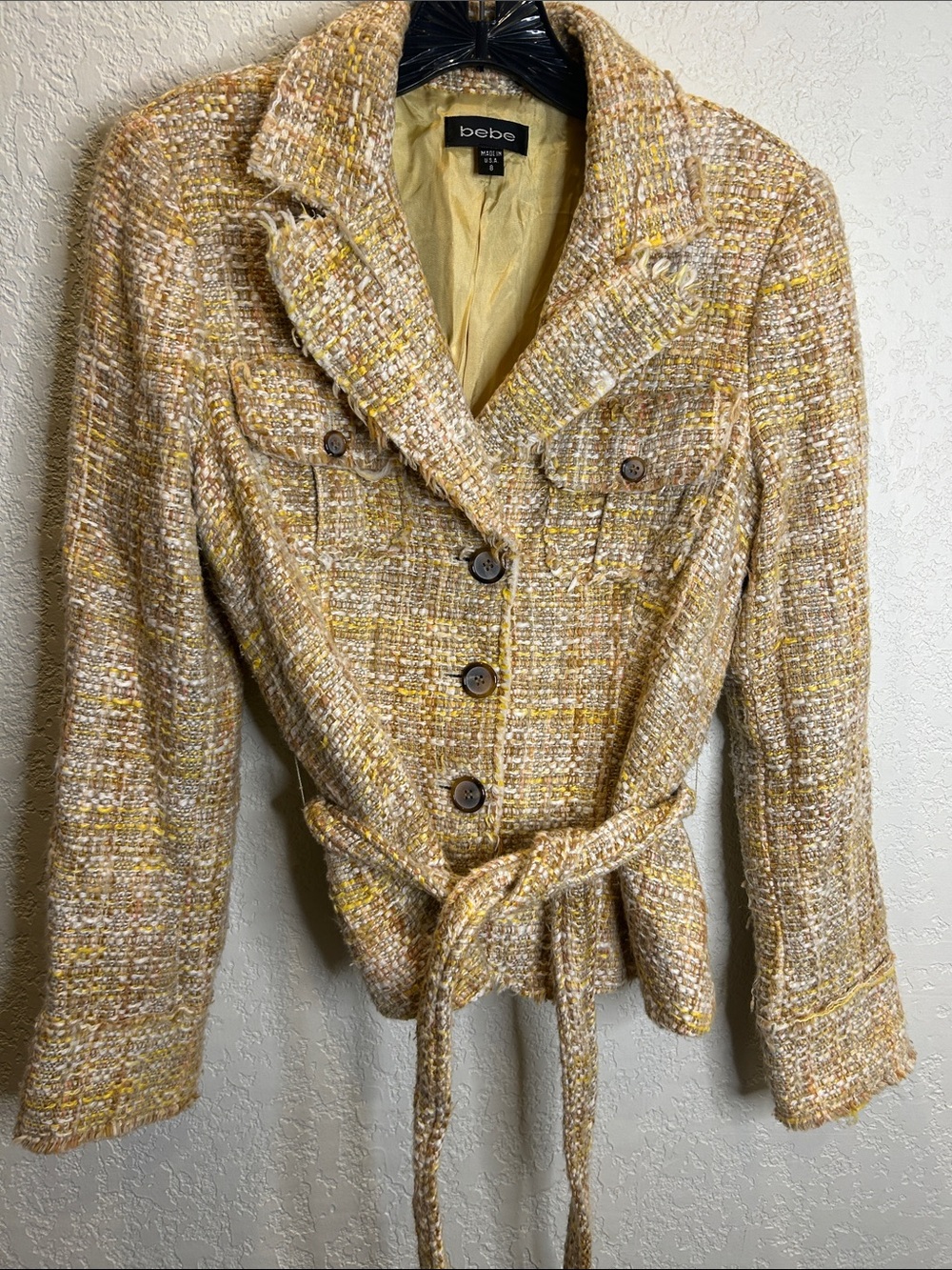 bebe Yellow Tweed Belted Blazer Jacket